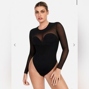 Black Popilush Shapewear Illusion Mesh Long Sleeve Tummy Control Bodysuit